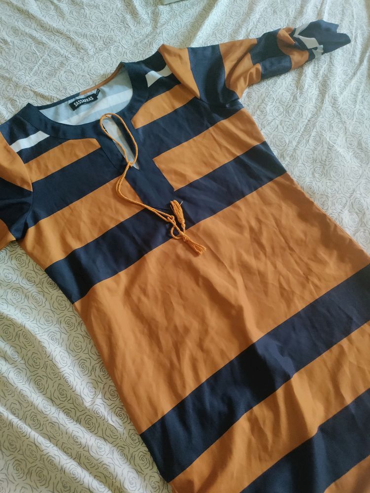 Sassafras Rustybrown And Navyblue Striped Dress, Bustsize-36