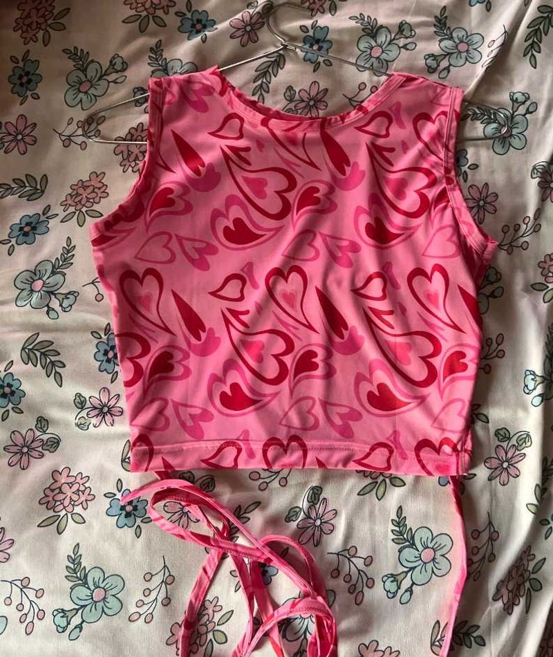 Pink Heart Print Crop Top