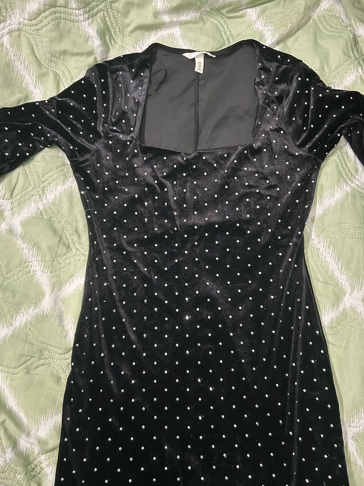 H&amp;M Square Neck Velvet Rhinestone Dress