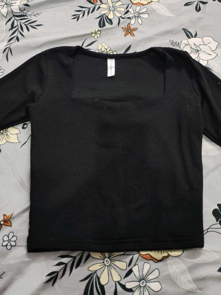 Black Square Neck Long Sleeve Top