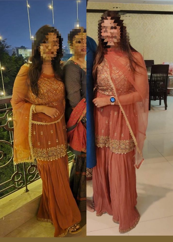 Dusty Pink Kurta With Sharara Pants And Net Dupata