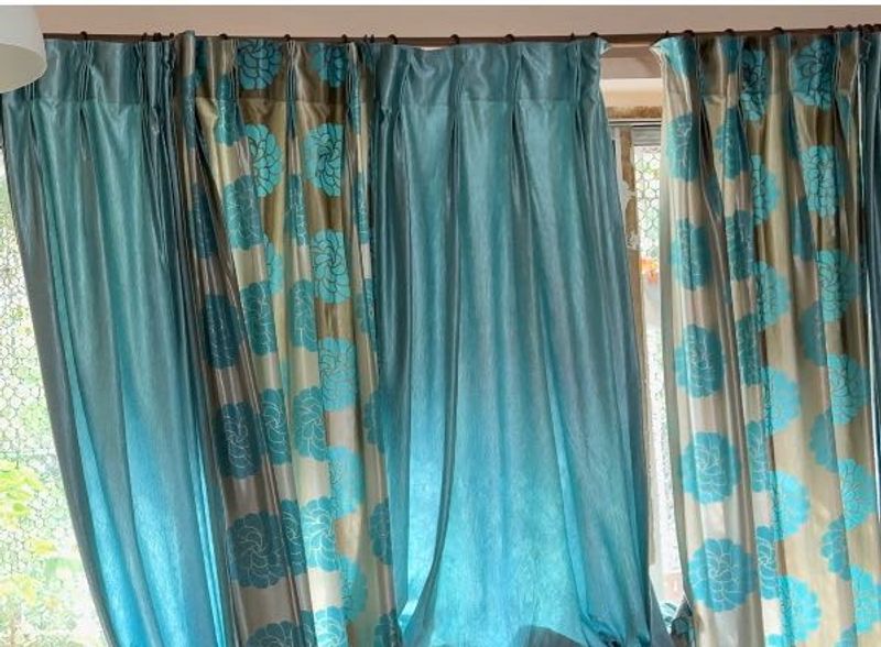 Printed Beige And Blue 2pc  Curtain Set