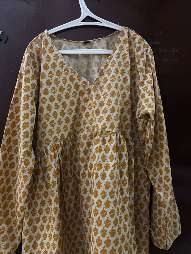 Jaipuri Yellow Full Sleeved Short Kurti