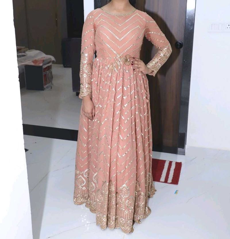 Pastel Peach Sequinn Embroidery Evening Gown