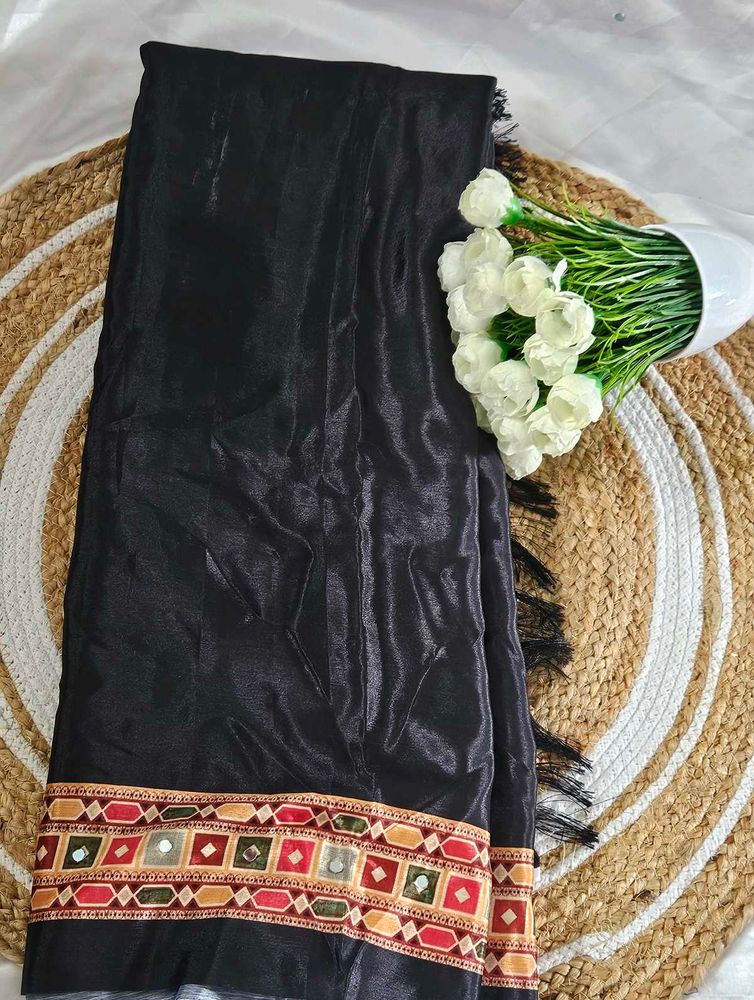 Elegant Mirror Work Black Saree