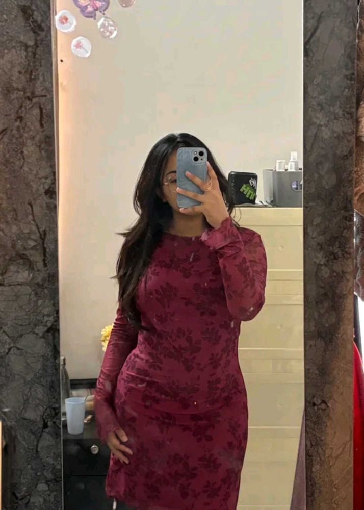 Maroon Floral Pattern Mini Dress