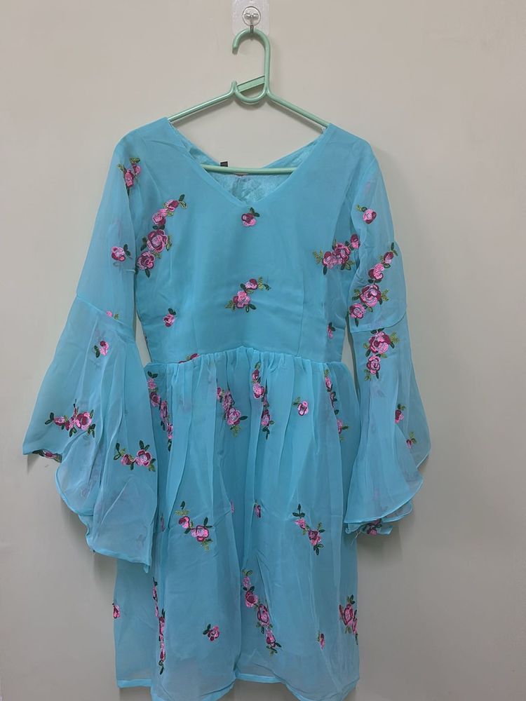 Floral Cyan Georgette Dress