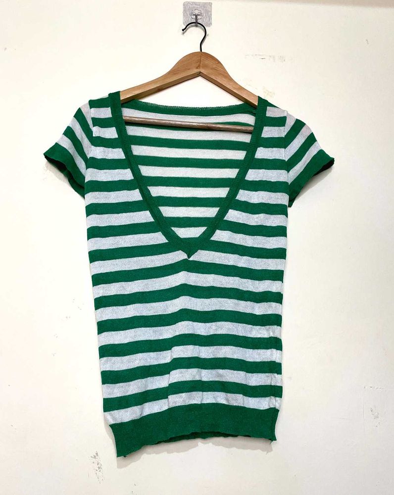 Green &amp; White Knit Stripped Top (A)