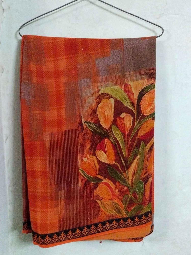 🎀Orange Floral Print Saree🎀