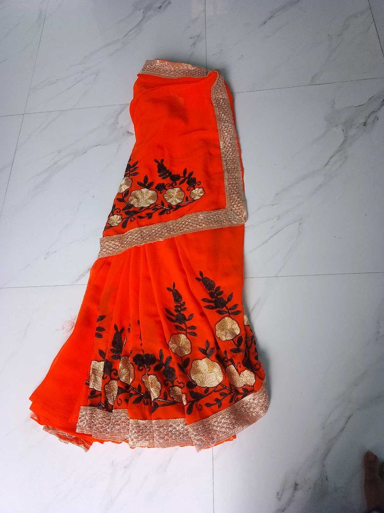 Orange Embroidered Saree