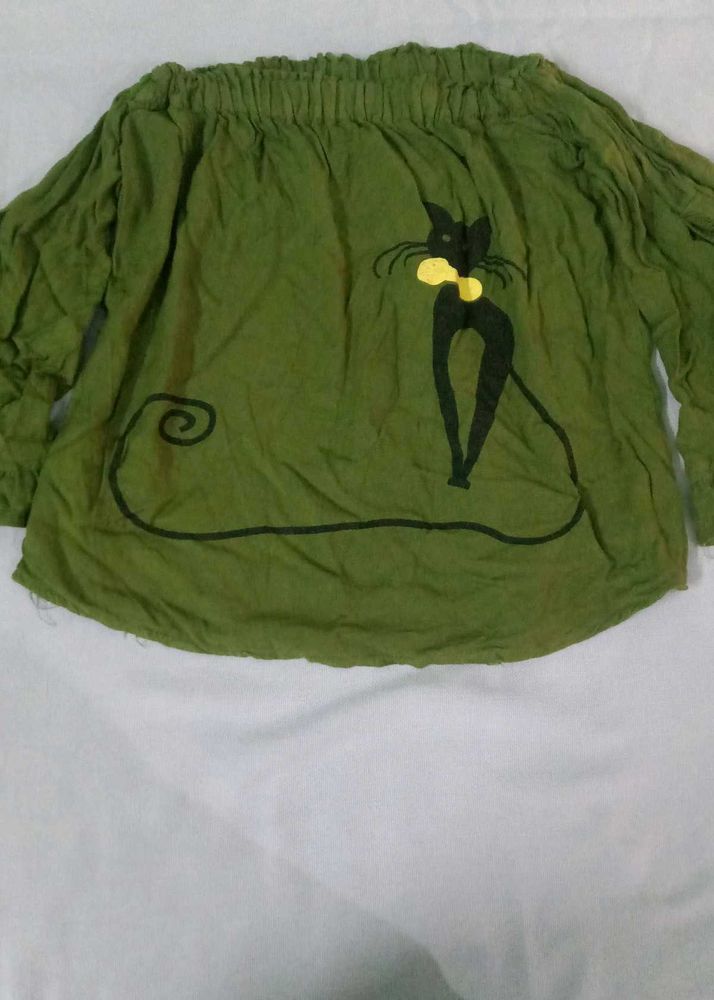 Olive Green Cat Print Top