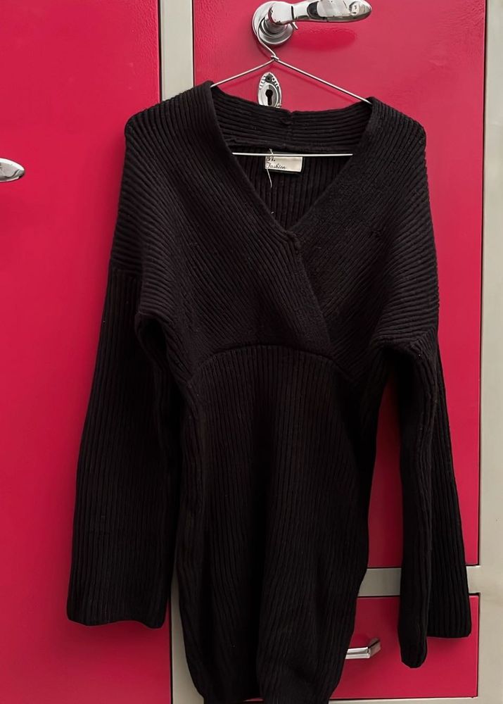 Chic Black Knit Wrap short Dress