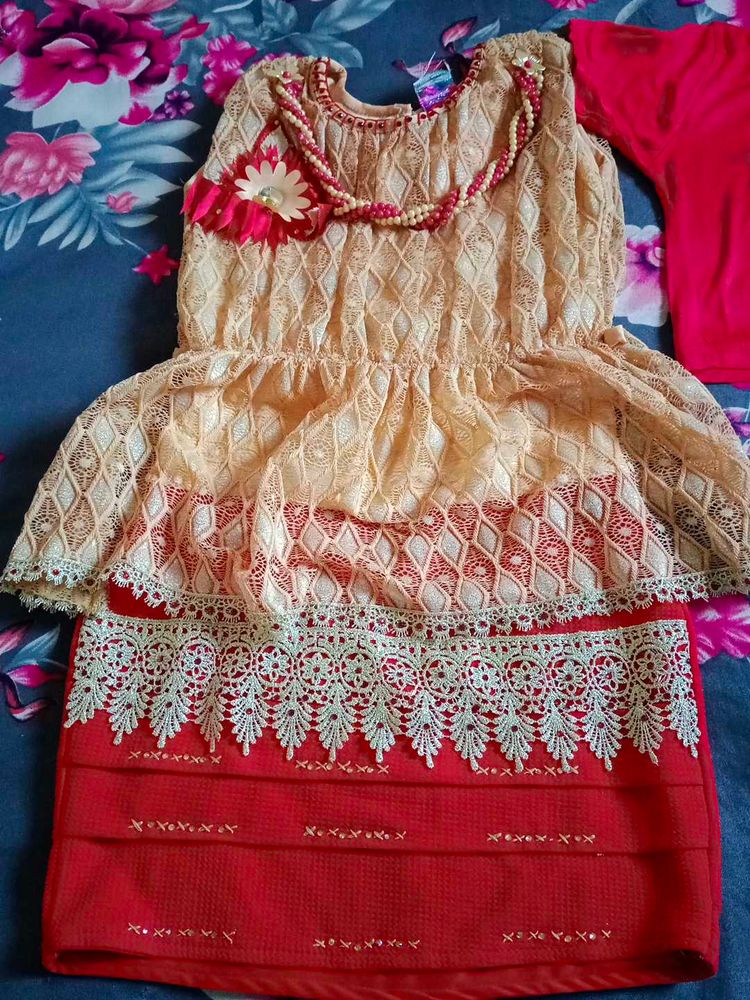 Girls&#39; Party Dress - Red &amp; Beige