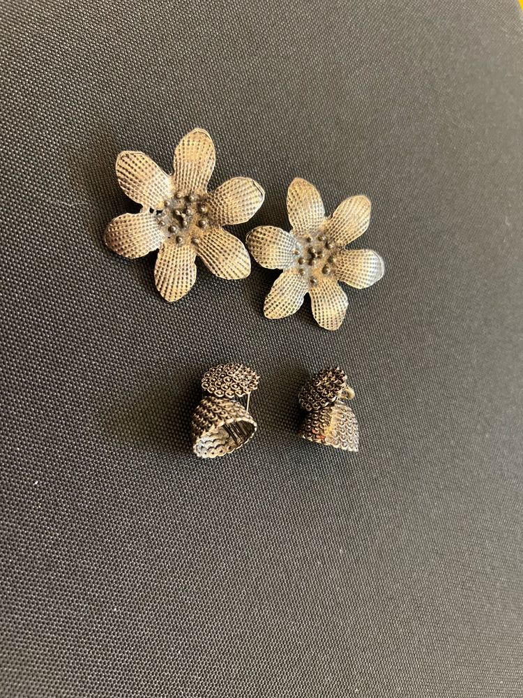 Oxidised Floral Silver Earrings With Jhumkis