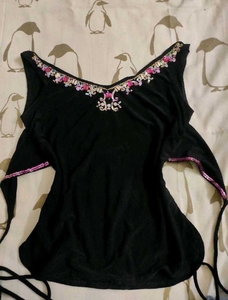 Black Embellishments Back Tie Top