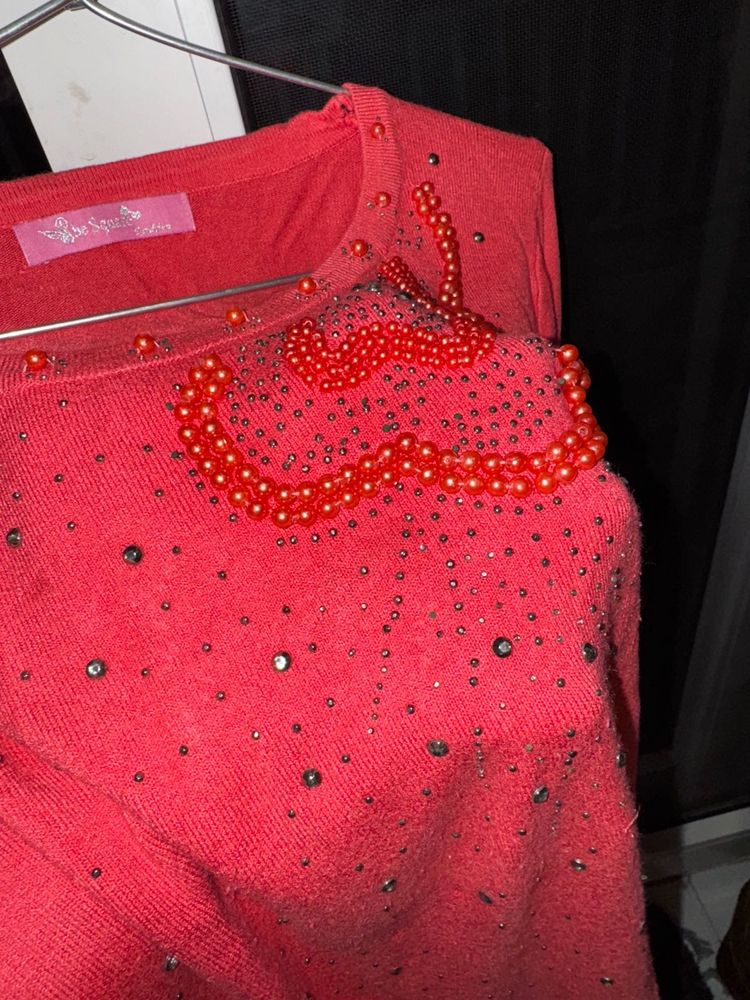 Peach Party Wear Woollen Top For Women