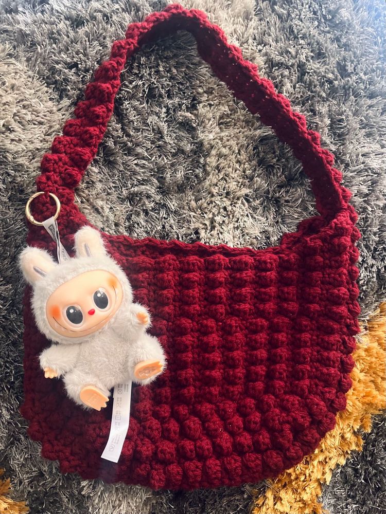Red Crochet Hobo Bag with Charm