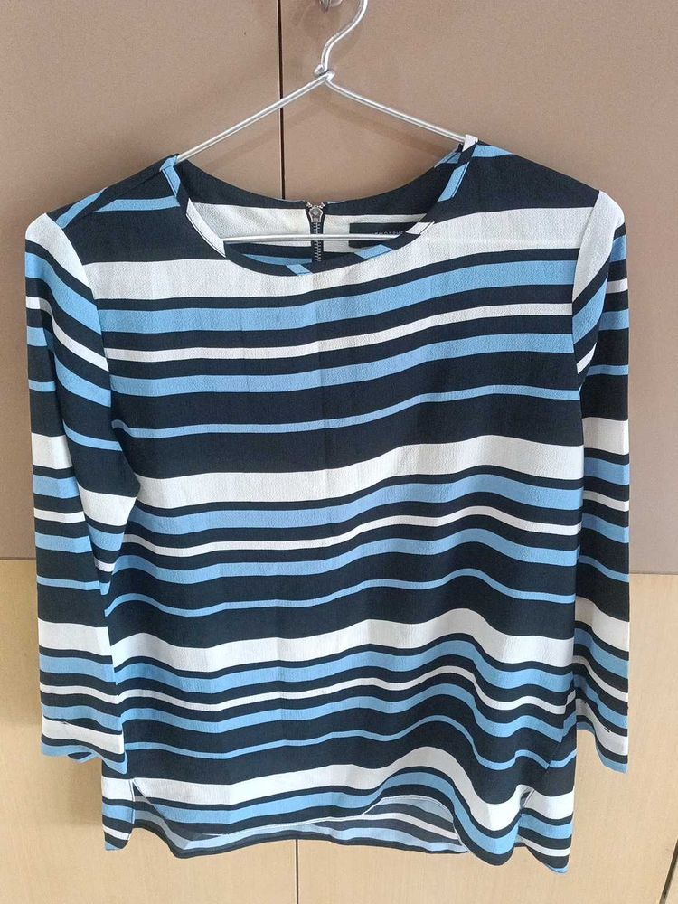 Striped &amp; Zipped Long Sleeve High-Low Top