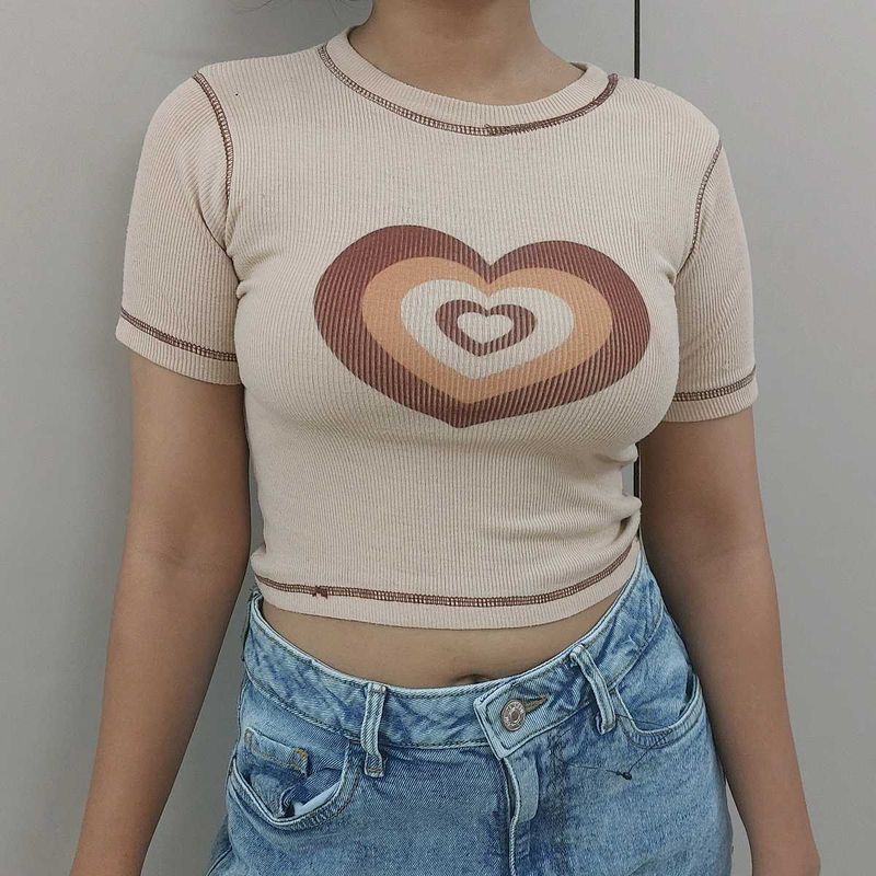 Beige Crop Top With Concentric Brown Hearts