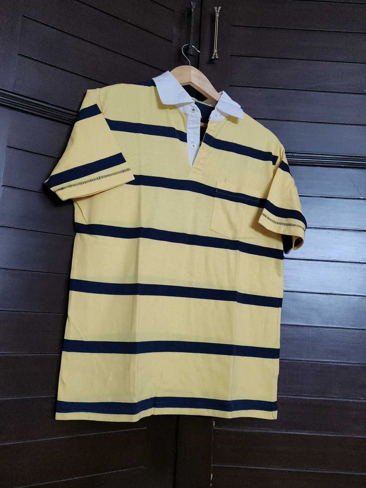 Turtle Brand Men Yellow Striped Casual Polo Tshirt