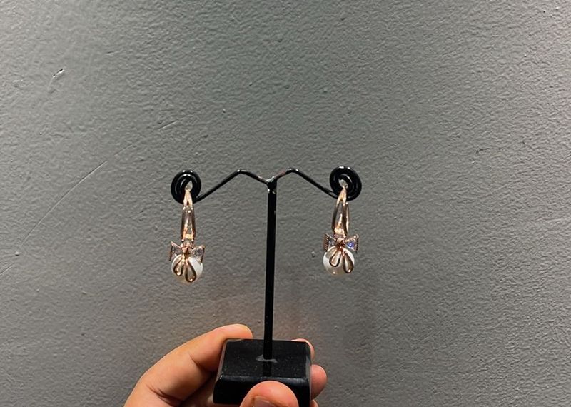 Pearl &amp; Rose Gold Bow Drop Earrings