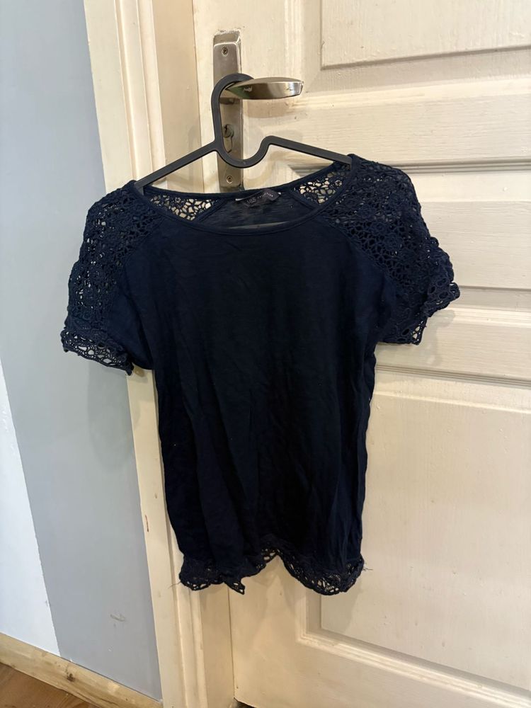 Marks and Spencer Crochet Neck Navy Blue Tshirt