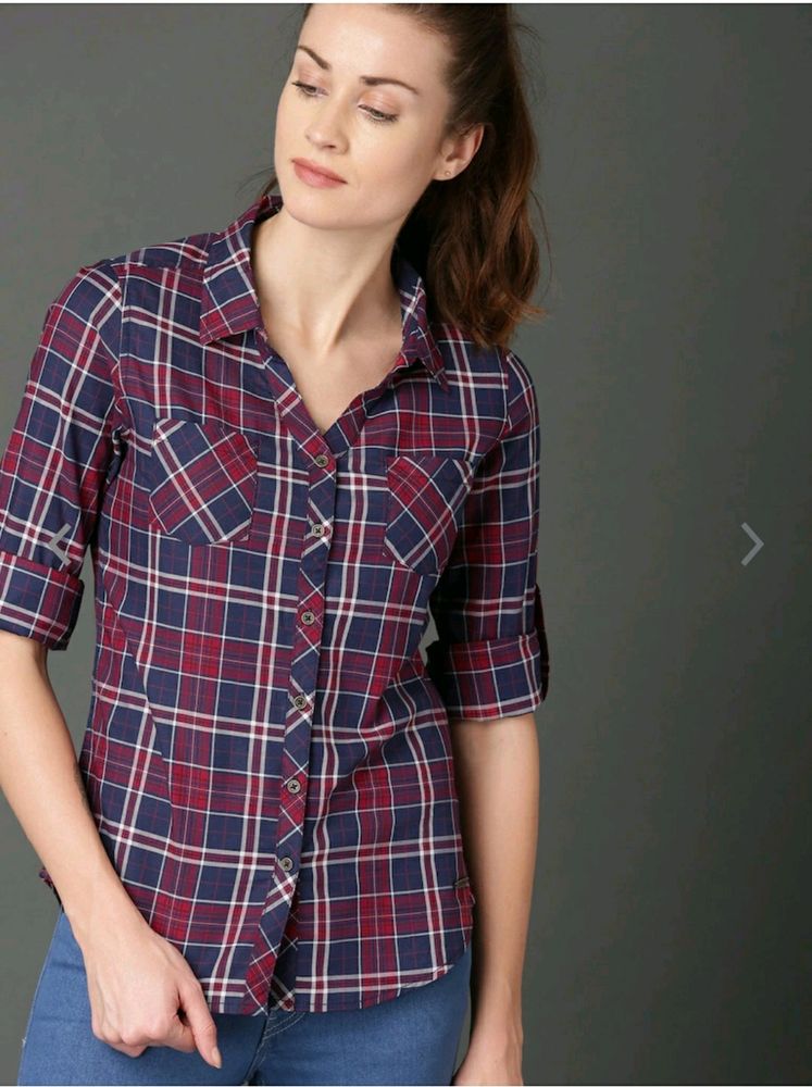 Roadster Fast and Furious Women Navy Blue &amp; Red Regular Fit Checked Casual Shirt