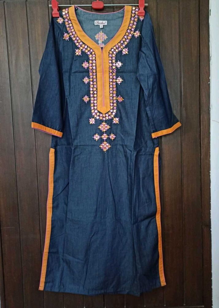 Denim Embroidered Kurta
