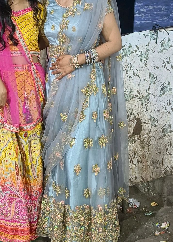 Silver Lengha With Green And Pink Contrast