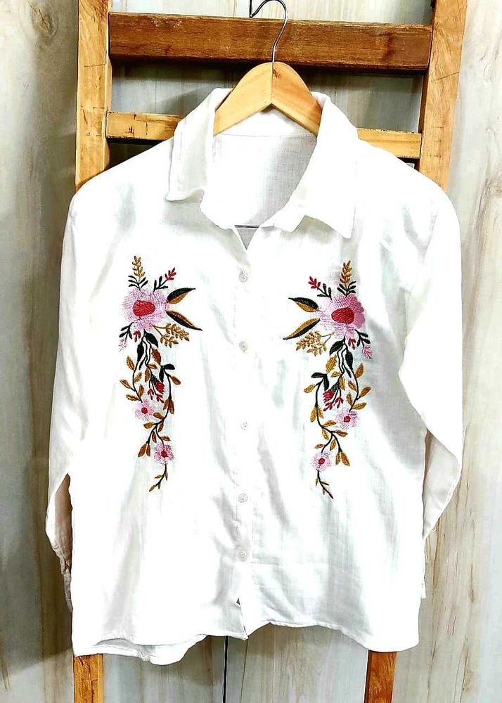 Floral Embroidered White Shirt size-=36