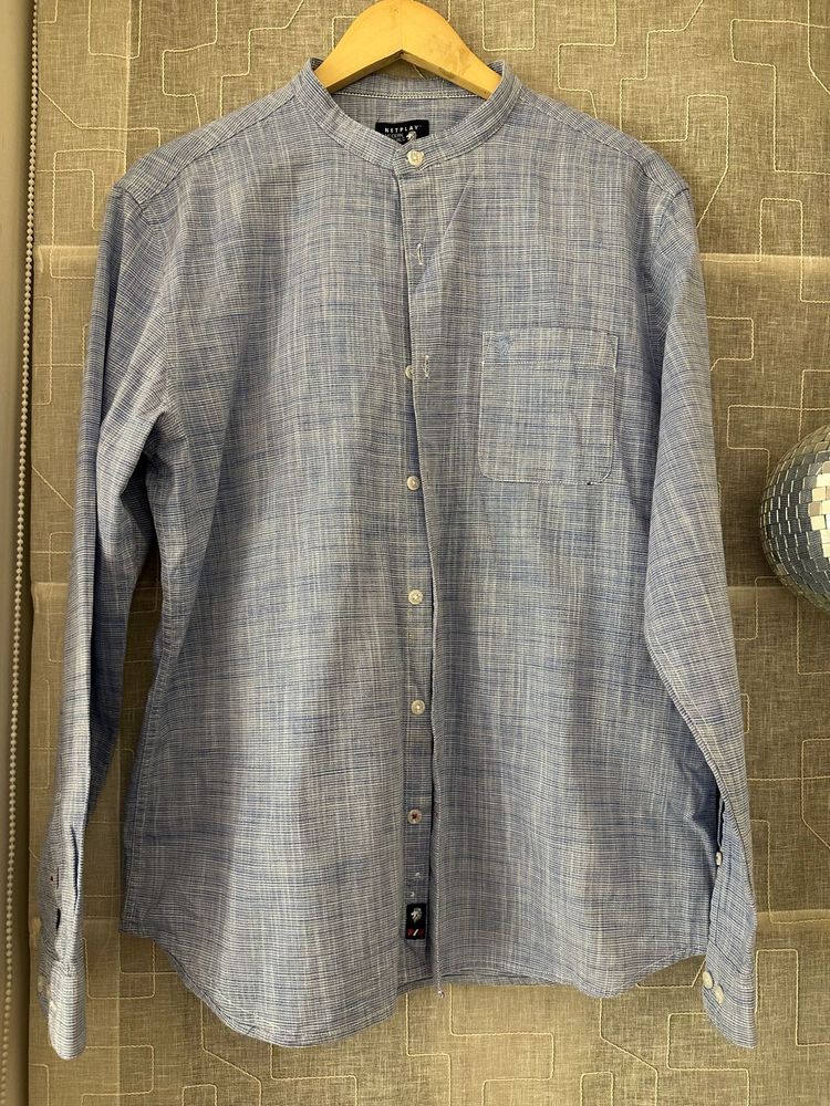 Blue Mandarin Collar Shirt