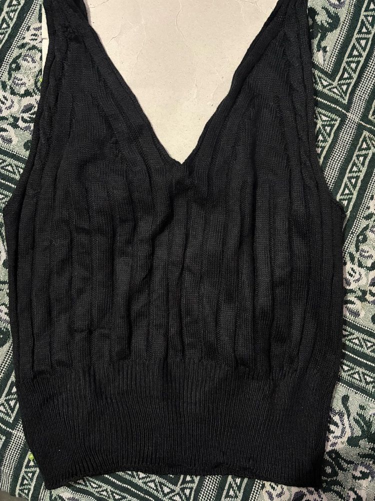 Black Knit V-Neck Tank Top