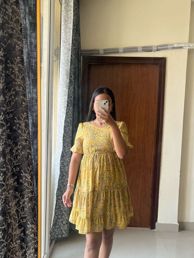 Yellow Floral Tiered Mini Dress