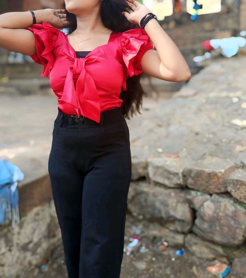 Chic Red Ruffle Sleeve Top