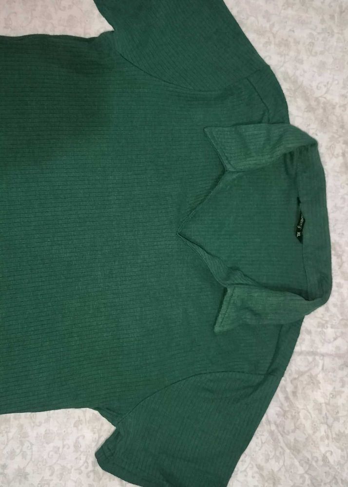 Green Ribbed Polo Top