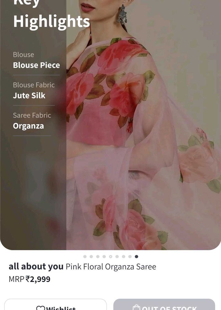 Pink Floral Organza Saree with stitched blouse.