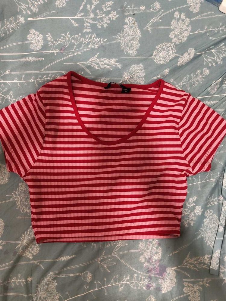 pink and red Striped Cropped Top