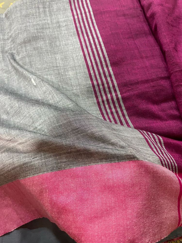 Saree With Grey Body &amp; Pink Palla And Border