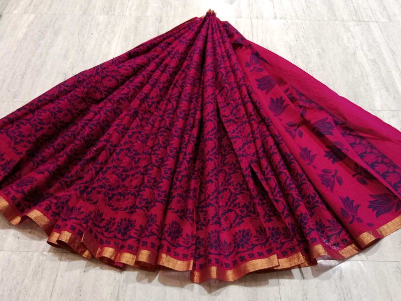 Elegant Rani Pink Floral Printed Cotton Saree