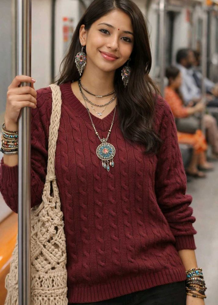 🧶 Burgundy Cable Knit V-Neck Sweater 🧶