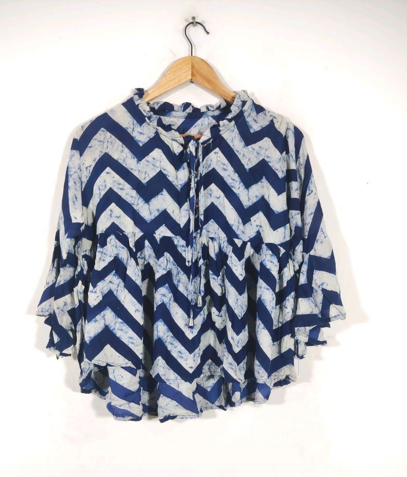Navy Blue Printed Bell Sleeves Western Top (Women)