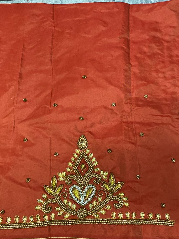 Orange Unstitched Maggam Work Blouse Peice