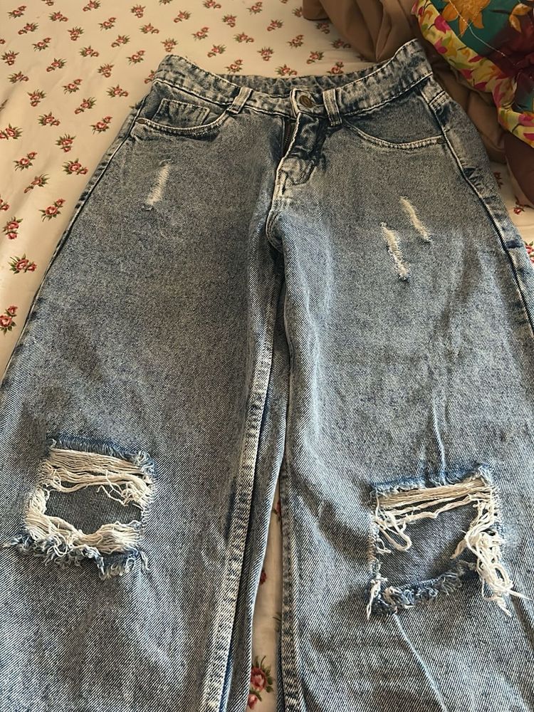 Ripped Wide-Leg Denim Jeans