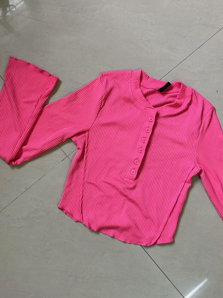 Hot Pink Ribbed Bell Sleeve Top