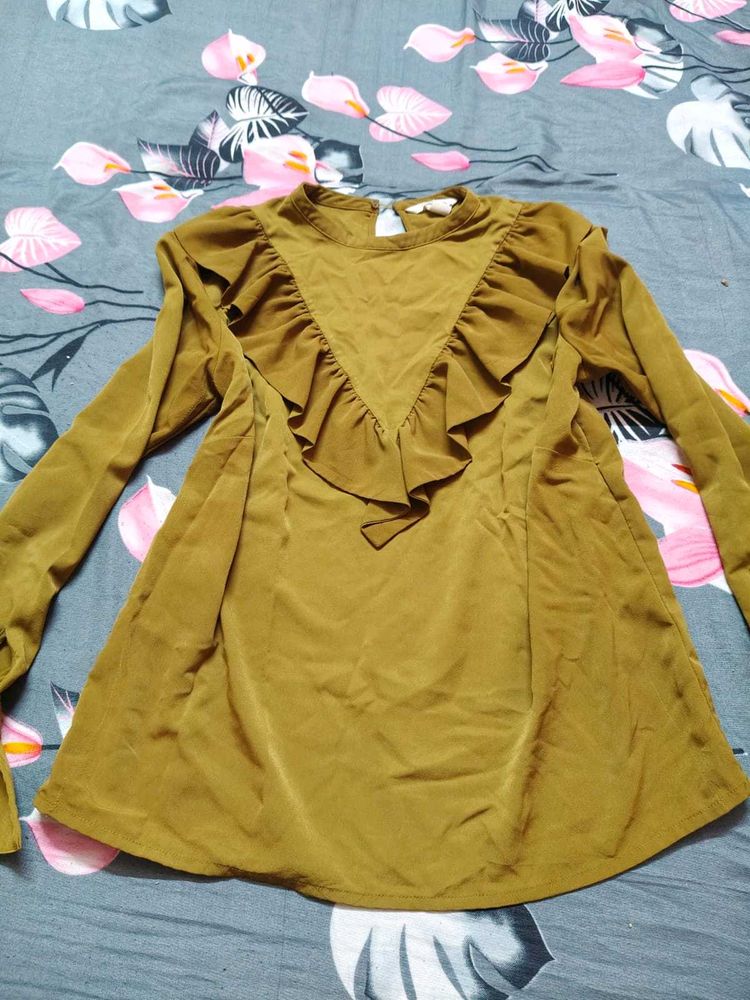 Ruffled Long Sleeve Blouse Olive Color