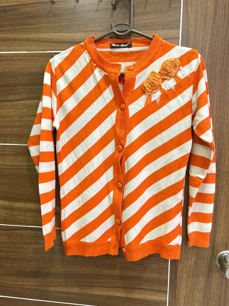 Striped Orange Cardigan with Roses