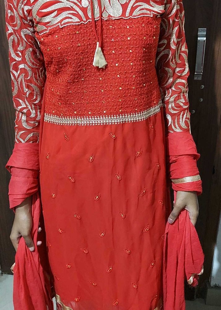 Red Embroidered Kurta Set