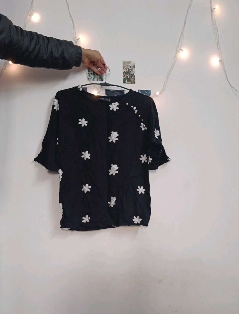 Black Floral Embroidered bell sleeves top