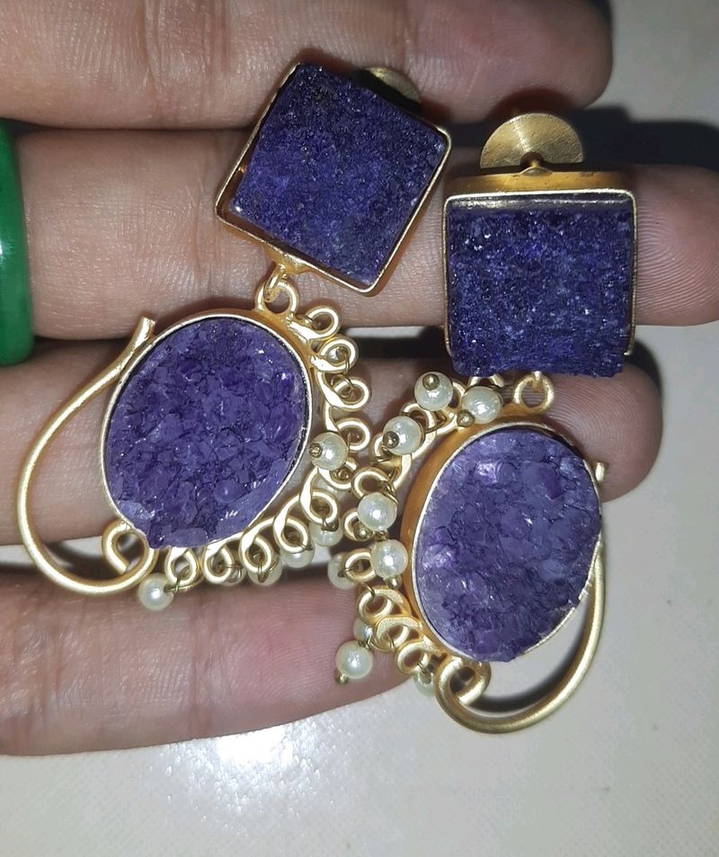 Golden pearl purple earrings