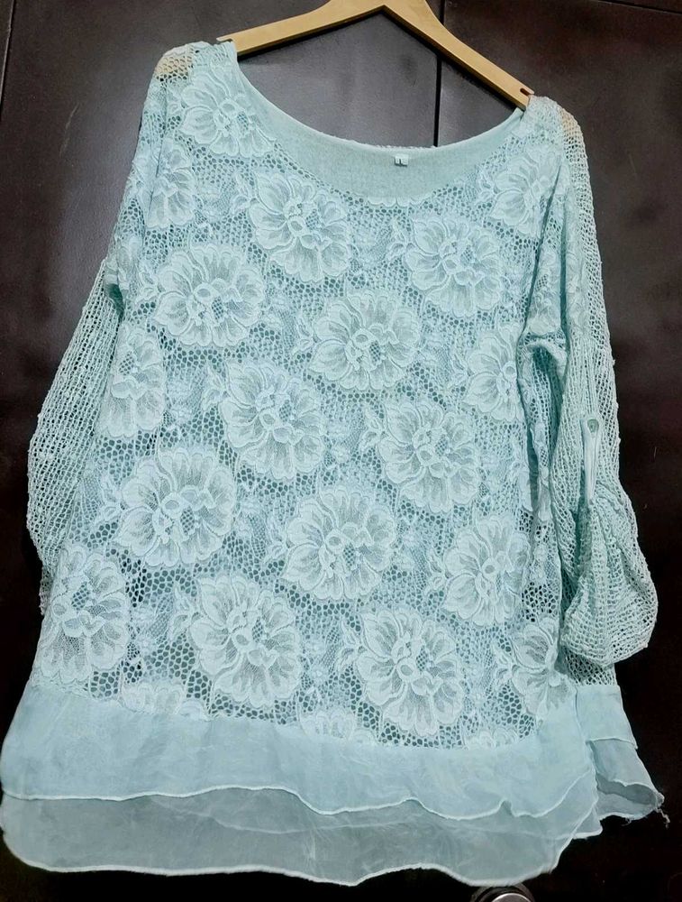 Light Blue Lace Floral Top for 40 Bust